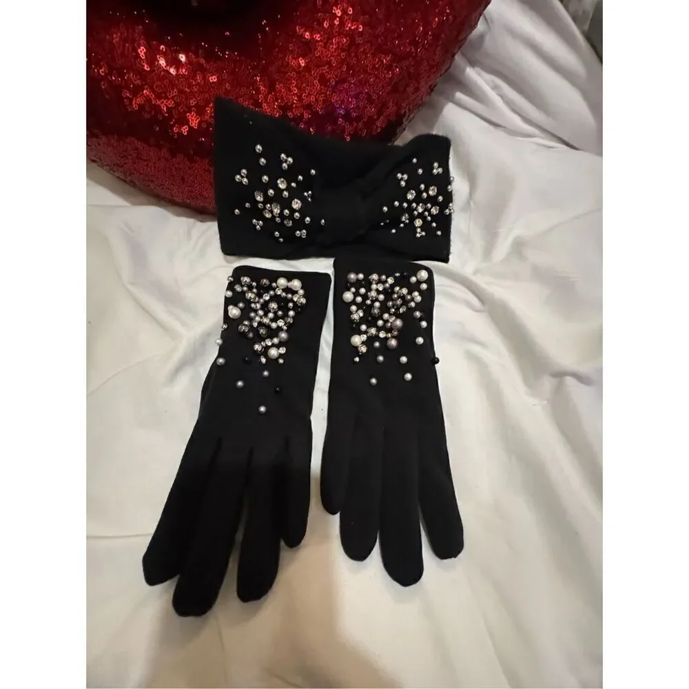 3 piece bling pearl studded headband/w knit fleece lined mittens/gloves